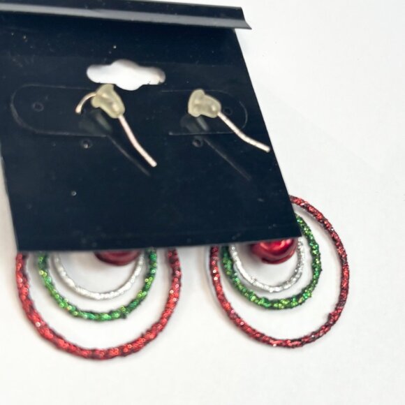 Festive Glittery Red Green Silver Triple Hoop Earrings With Jingle Bell Dangle F - Picture 2 of 3